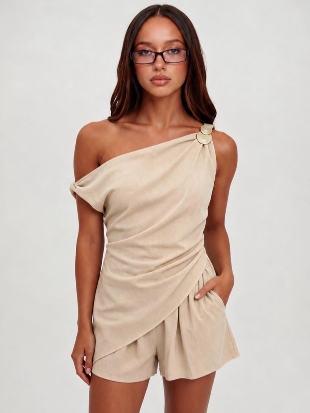 One-Shoulder Beige Dress with Draped Detail